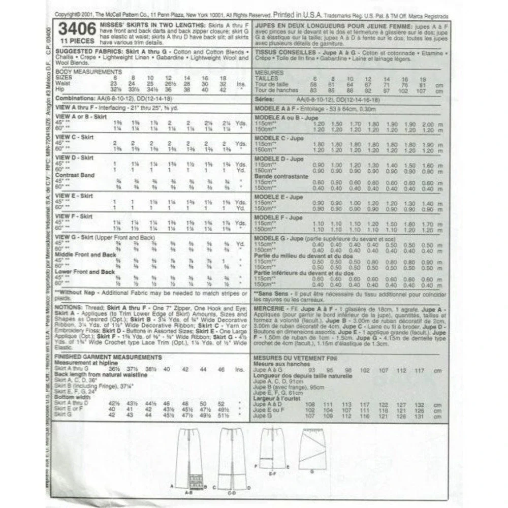 McCalls Sewing Pattern 3406 Skirt Express‎ Yourself Misses Size 12-18